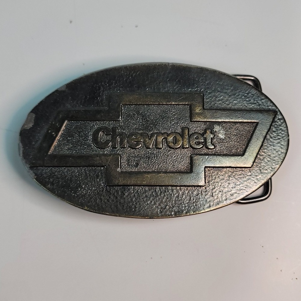 Vintage Chevrolet Bowtie Belt Buckle Wyoming Studio Art Works Metal Oval Chevy